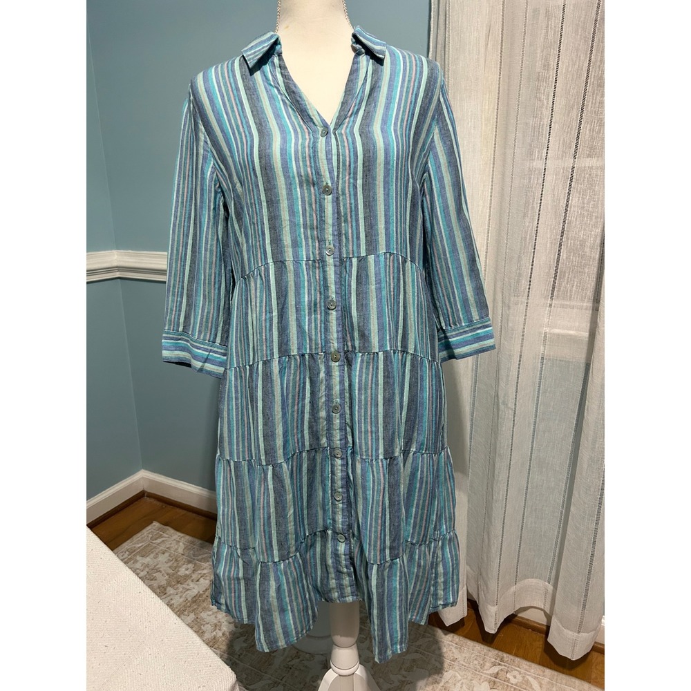 Soft Surroundings Blue Striped Linen Tiered Shirt Dress Petite Medium cottage